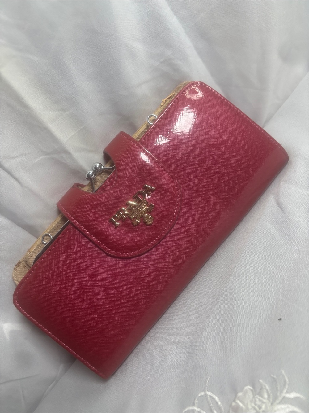 Prada Red Patent Leather Clutch Wallet with Gold Logo